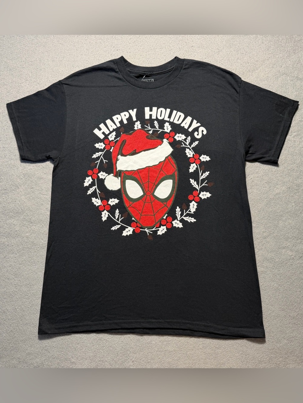Marvel Spider-Man Happy Holidays T-Shirt Men’s Medium NWT Christmas Black Tee